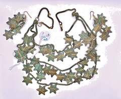 VTG Metal Star Necklace and Earrings Set Dangle Fringe Green & Copper 1980s