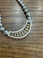 Vintage Classic Gray Faux Pearl Necklace, Caged Diamond Cut Silvertone Focal