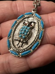VTG Owl Pendant Necklace Turquoise Cabochon Silver Tone Southwest Style 24”