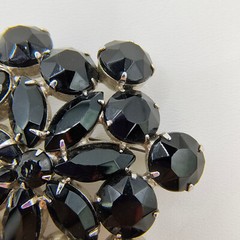 Vintage Black Glass Rhinestone Flower Brooch Pin Silver Tone Art Deco Style