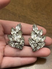 Vintage Western Germany Earrings Clear Rhinestones Climber Cluster Clip-Ons!