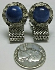VINTAGE ATOMIC MENS BLUE GEM SILVER WRAP AROUND MESH Metal Cufflinks EUC 3D DOME