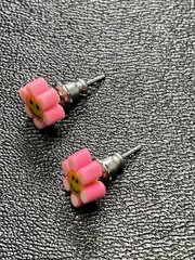 Vintage Smiley Face Pink Polymer Clay Flower Stud Earrings