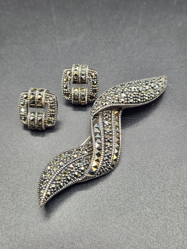 Beautiful Judith Jack Sterling Silver Marcasite Brooch and Earrings