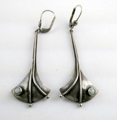 Vintage Artisan AB Signed Sterling Silver Opal Cabochon Earrings 5.2g 2.5 Inches