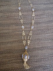 Vintage Art Glass Lavalier Filigree Tassel Necklace, Gold Tone, 22″