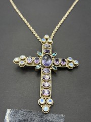 Vintage 20″ Sterling Silver 3.25″ Amethyst Moonstone Cross Necklace 33 Grams F24