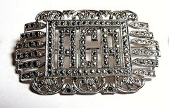 ANTIQUE LARGE LADIES STERLING SILVER ACA MARCASITE STONES PIN BROOCH 9.40 Grams