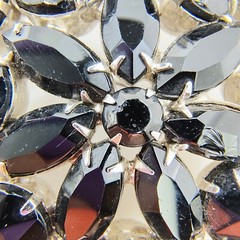 Vintage Black Glass Rhinestone Flower Brooch Pin Silver Tone Art Deco Style