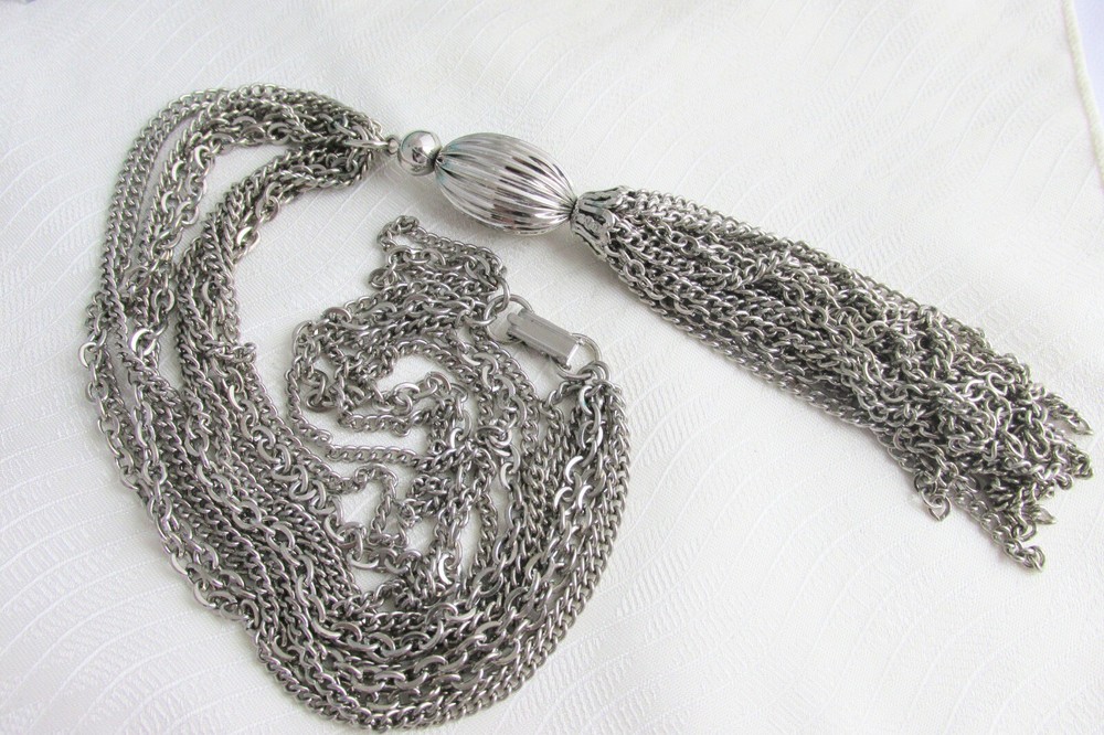 Vintage Cable & Curb Chains 5.5″ Tassel Pendant Necklace Silver Plate Onion Bead