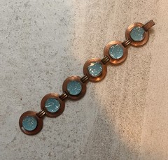 Vintage Mid Century Copper Link Panel Bracelet Blue Enamel Some Flaws H5