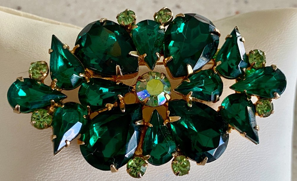 Vintage Emerald Green AB Rhinestone Brooch Faceted Marquise Prong Set