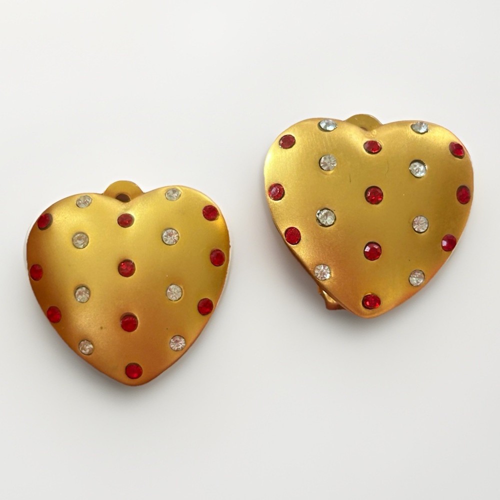 Vintage Signed MMA Gold Plated Heart Crystal Clip Earrings