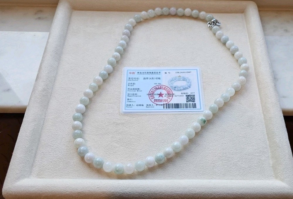 Certified Burma Grade A Jadeite Pale Green Bead Necklace 9 mm