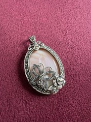 925 Sterling Silver Marcasite Mother of Pearl Butterfly Pendant Vintage