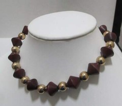 Vtg WOOD Dark Brown Bi-Cone Beads Gold Tone Round Beads Necklace Max 16”