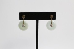 10k Yellow Gold JADE Earrings “Lucky” Asian Symbol, 4.7g – 18mm