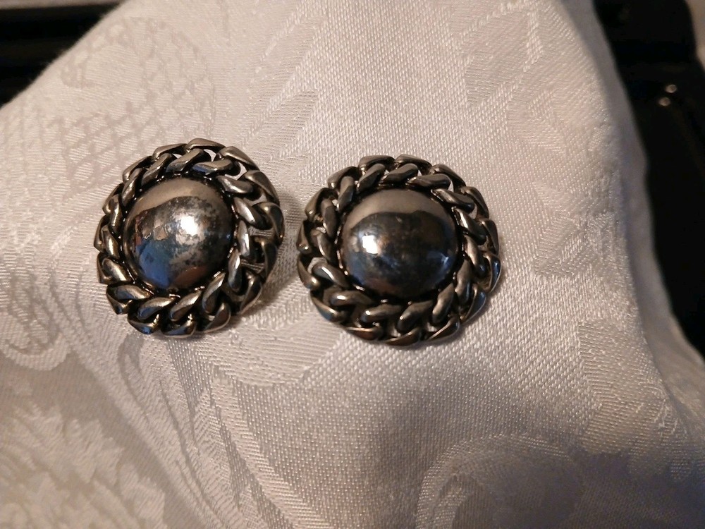 Vintage PEP Silver Tone Round Domed Braid Stud Earrings, 1″, Stamped