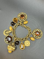 Vintage Mid Century Amber Topaz Rhinestone Charm Bracelet Etruscan Revival
