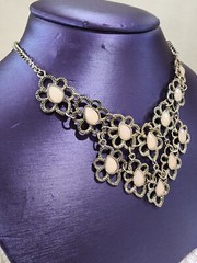 Gold Flower Faceted Light Pink Teardrop Accent Statement Bib Necklace