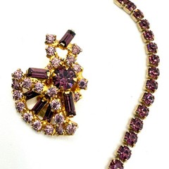 Vintage 50s Purple Amethyst Rhinestone Baguette Statement Necklace Earring Set
