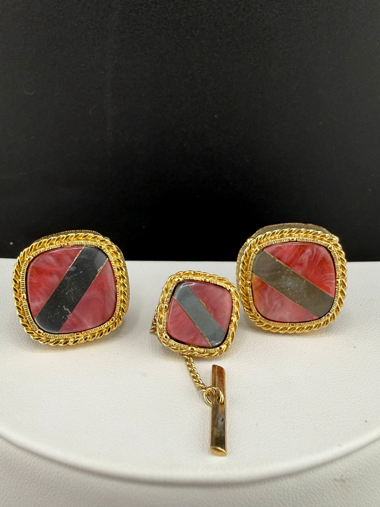 Vintage Cufflinks Set Tie Pin Gold Tone