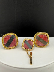 Vintage Cufflinks Set Tie Pin Gold Tone