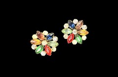 Vtg Flower Colorful Gem Petals Earrings 1”Screw Back Rhinestones Floral Pave