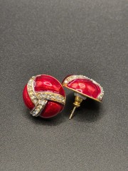 Vintage signed MMA MAd round red enamel and rhinestone stud earrings jewelry