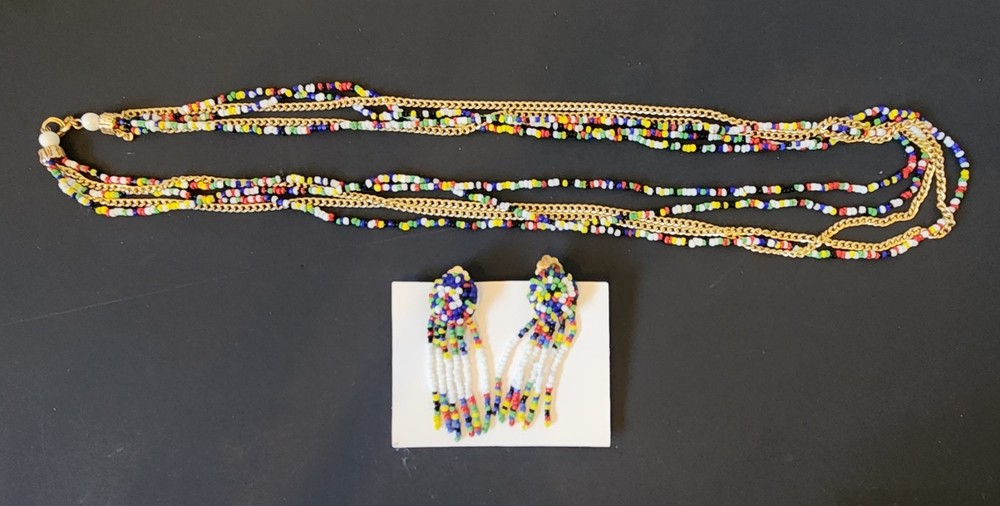 Vintage 1960s Multi Strand Rainbow Seed Bead Necklace Clip On Earrings Hong Kong
