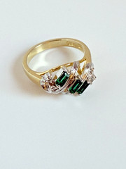 Vintage 14KT GE Emerald-Green Baguette & Clear Stone Cluster Ring Size 7 NOS