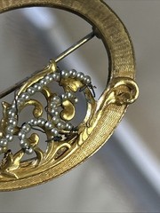 53. Vintage Miriam Haskell Gold tone Faux Pearl Oval Open Work Pin 45mm. As Is