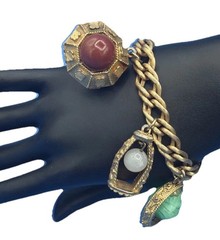 Vintage Etruscan Revival Charm Bracelet Gold Tone Curb Chain Fob Lantern 50s 60s