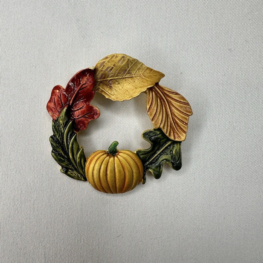 Vintage Tona Autumn Leaf Pumpkin Wreath Brooch Signed