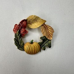 Vintage Tona Autumn Leaf Pumpkin Wreath Brooch Signed