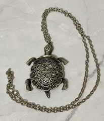Vintage Dark Silver Tone Turtle Pendant And Chain – Open Work Design 2.5 Inches