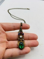 Vintage Gothic Green Colorful Rhinestone Filigree Cutout Bronze Tone Necklace