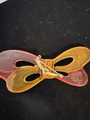 RARE Vintage Bakelite Amber Carved Bow Pin Brooch 3.25”