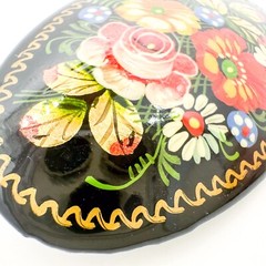 Russian Black Lacquer Brooch Pin Rose Floral Hand Painted Gold Gilt Signed