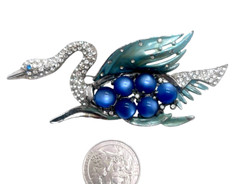 Exceptional Figural Swan Brooch, Enameled & Rhinestone Inset, Coro Attr., Large