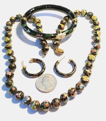 Vintage Asian Cloisonne Collection, 21 in. Necklace, Hinged Bracelet & Earrings