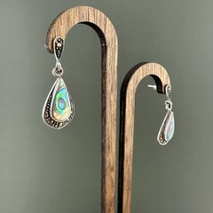 Vintage Earrings Sterling 925 Abalone Teardrop Dangle Pierced Marcasite READ