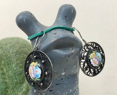 Vintage Painted Enameled Earring Soviet Cupronickel Finift Hand Wrought Filigree