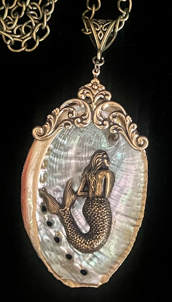 Mermaid Necklace Art Nouveau Siren Abalone Shell Pendant Mermaid Jewelry