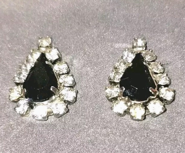 VTG Genuine Black Onyx & Rhinestones Pierced Earrings by JC Penny with Org. Box