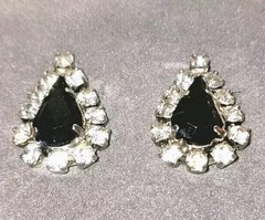 VTG Genuine Black Onyx & Rhinestones Pierced Earrings by JC Penny with Org. Box