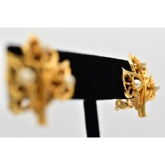 Vintage Leaf Clip Earrings Brushed Gold White Seed Pearl NOS 1980s 9C