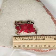 Modern Unsigned Red Enamel Cartoon Cow Brooch Gold Tone Accents Pin Farm