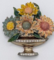 Vintage Pot Metal Brooch Enamel Giardinetti Flower Basket Rhinestone Urn Deco