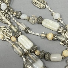 Layered Beaded Necklace Acrylic Glass White Silver Multi Strand Collar Boho 19″